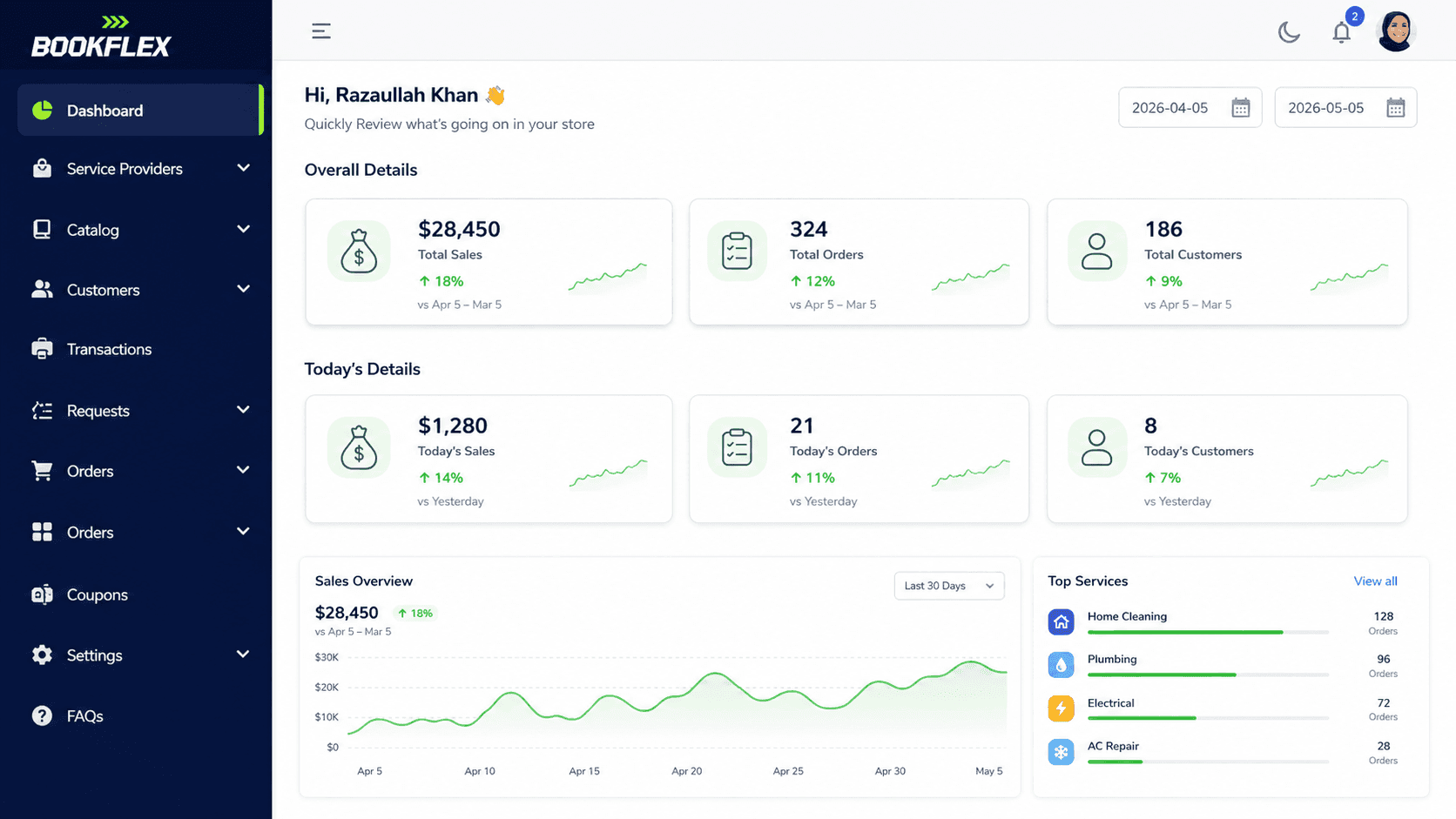 Bookflex dashboard screenshot